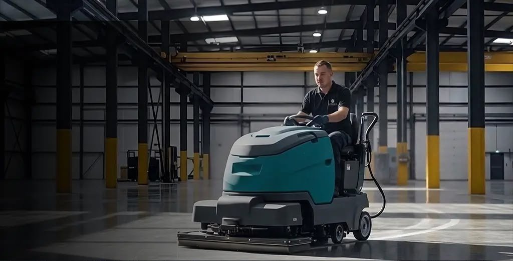 Commercial floor cleaning in a warehouse